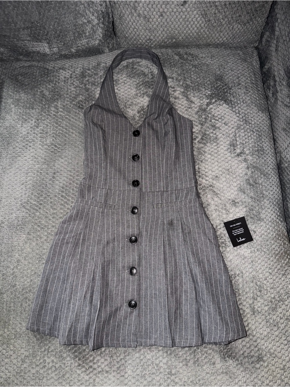 Lulu’s Gray Pinstripe Halter Button-Front Dress nwt